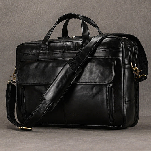 Genuine Black Cowhide Large Capacity Business Briefcase for Men, Top Handle Shoulder Crossbody Commute Laptop Bag, Premium Leather Work Bag for Gentlemen