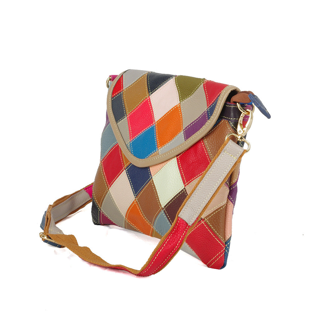 Genuine Leather Colorful Patchwork Envelope Bag for Women, Handmade Crossbody Shoulder Small Purse, Unique Designer Handbag for Ladies