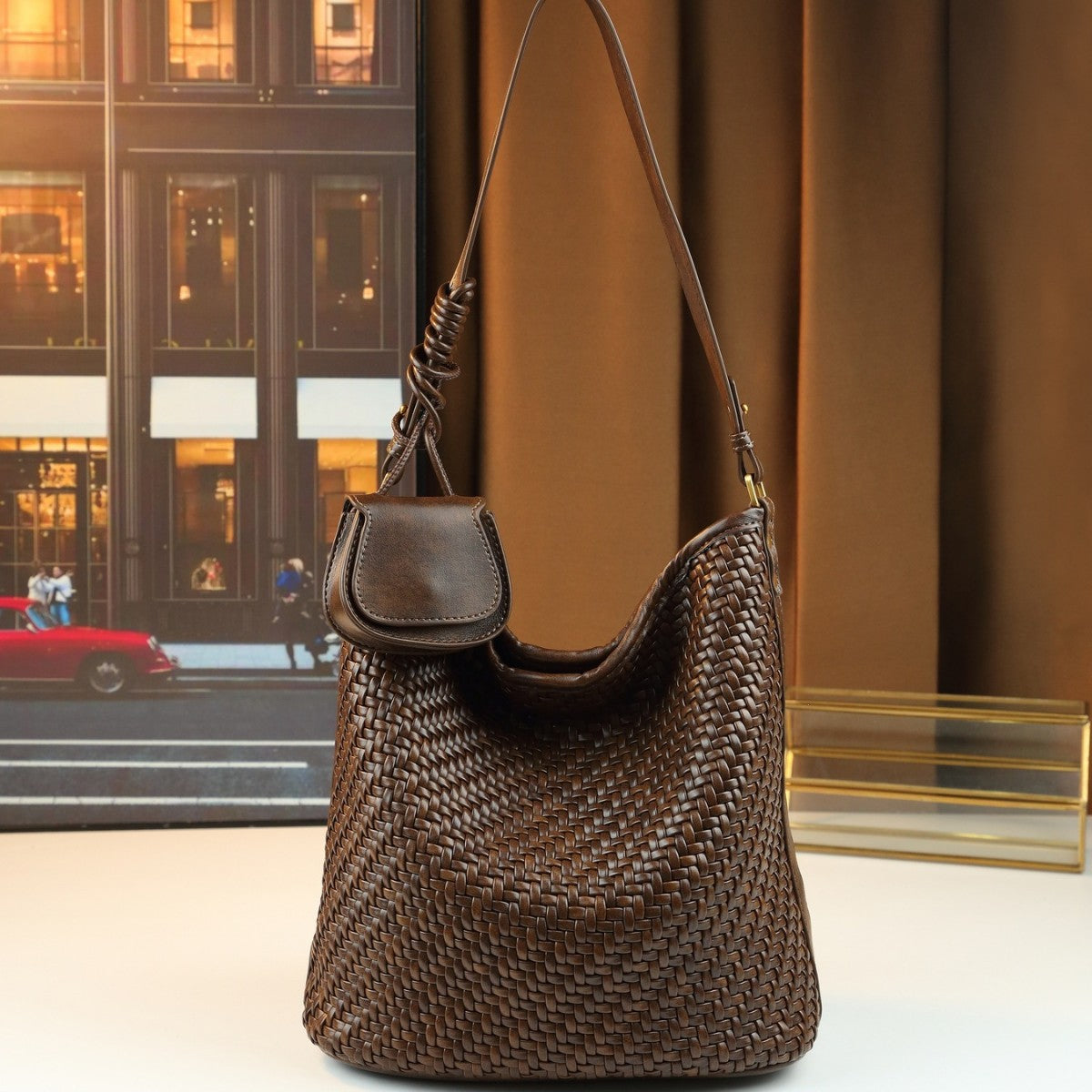 Woven Tote Bag for Women Fall Winter Large Capacity Travel Shoulder Handbag with Detachable Small Pouch, Versatile Everyday Carryall