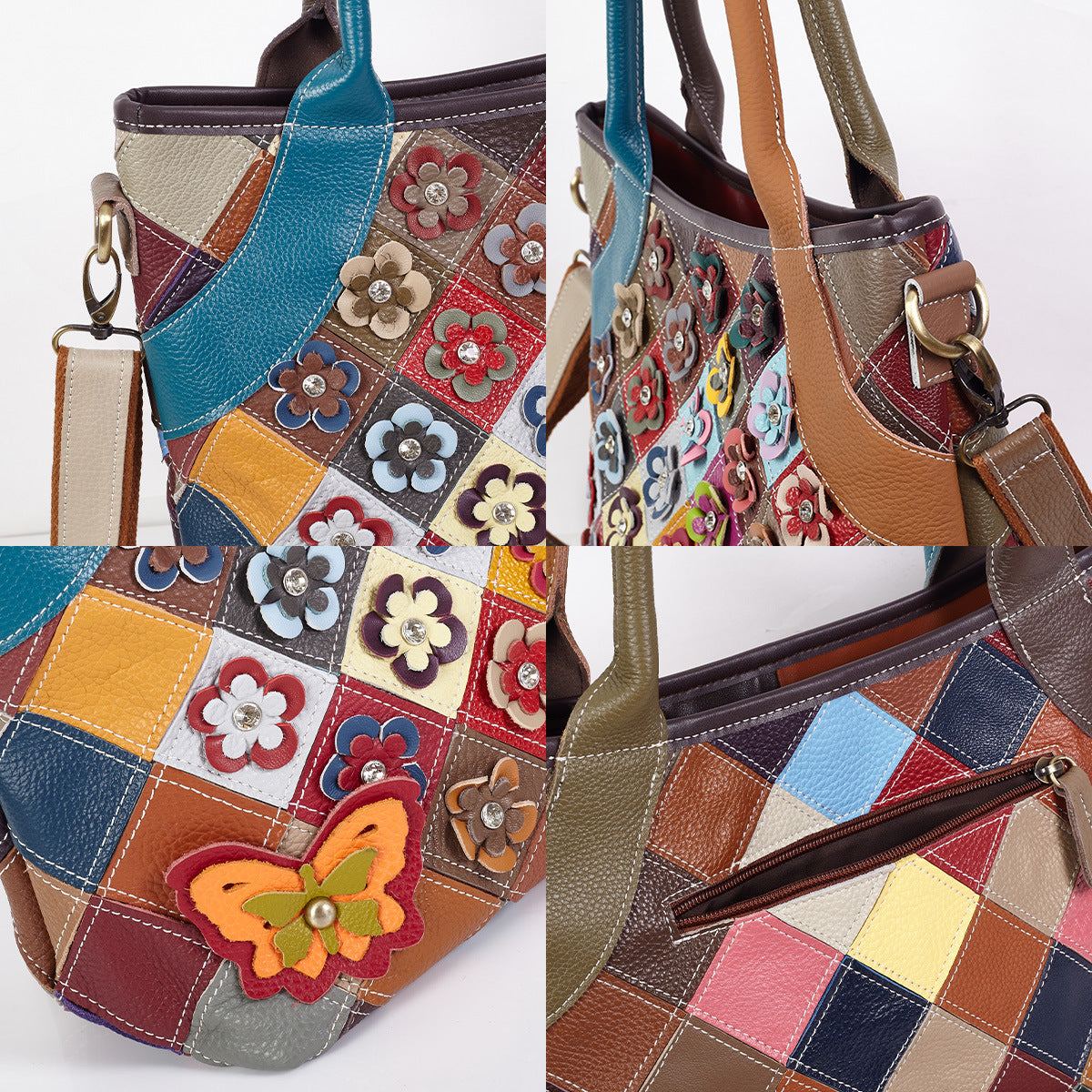 Premium Handcrafted Floral Patchwork Color-Block Tote for Women | Genuine Leather Top-Handle Cross-Body Shoulder Bag with Unique Artistic Design | Versatile 3-in-1 Carry Purse for Work, Errands, Travel & Everyday Chic | Trendy Statement Handbag with
