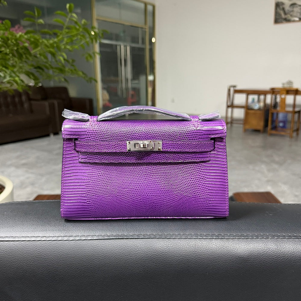 Genuine Top Layer Cowhide Lizard-Embossed Kelly-Style 22cm Bag for Women, Hand-Stitched Waxed Thread with Hand-Hammered Hardware, Lambskin Lining Square Purse with Full Steel Hardware for Ladies