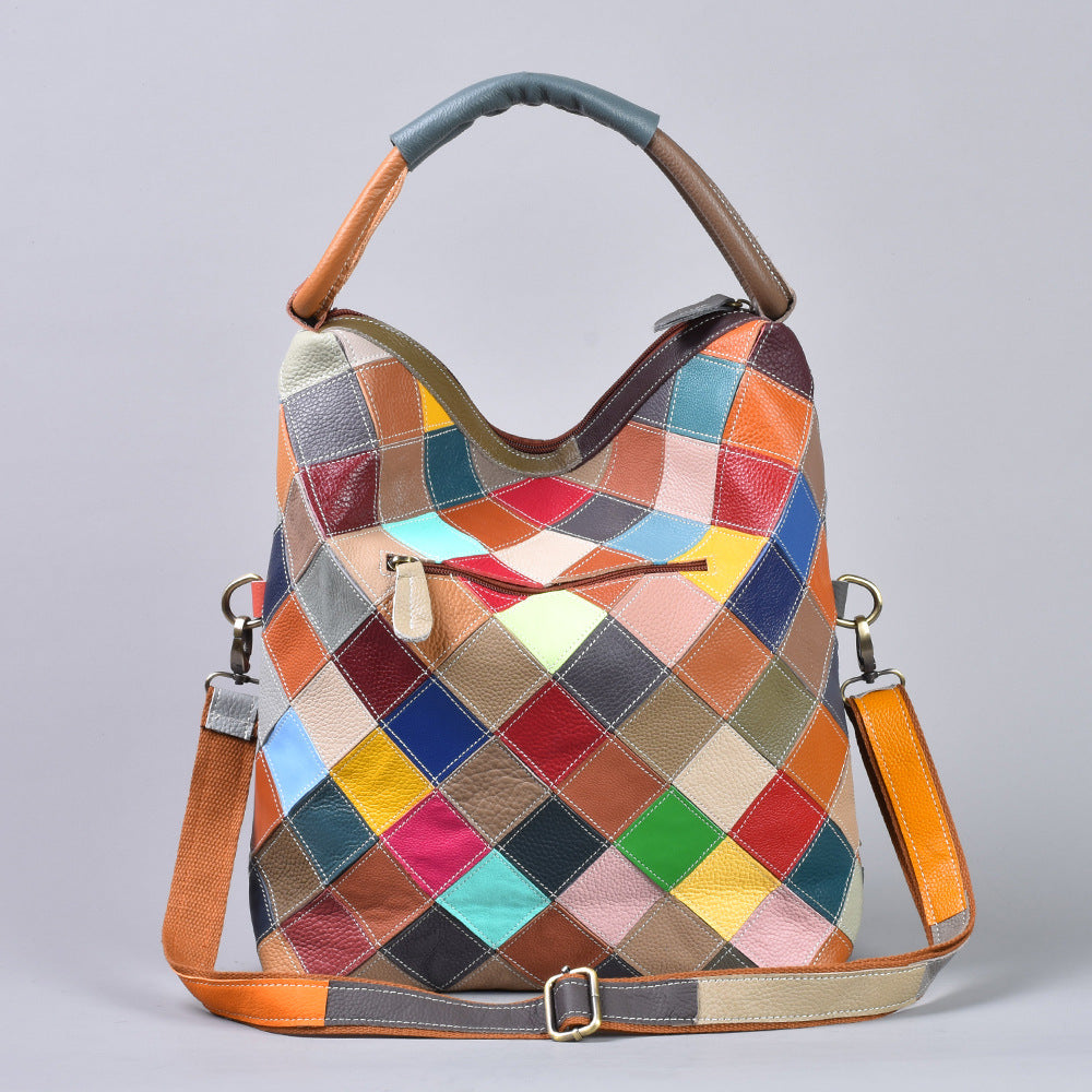 Genuine Leather Geometric Pattern Tote Bag for Women, Large Capacity Top Handle Crossbody Shoulder Purse, Handmade Cowhide Handbag for Ladies