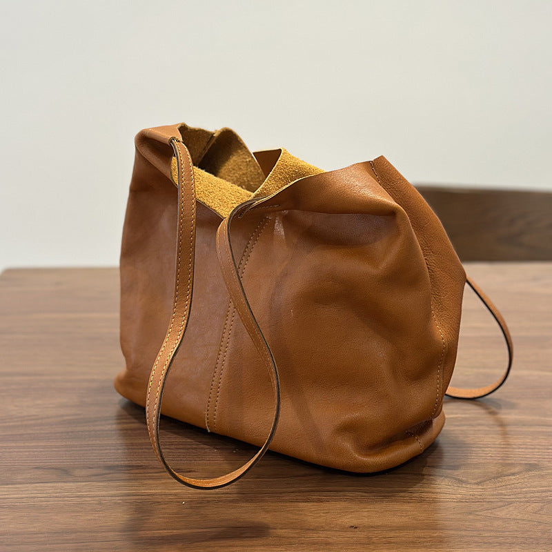 Genuine Leather Handmade Vintage Tote Bag for Women, New Minimalist Large Capacity Shoulder Top Handle Purse, Versatile Commute Handbag for Ladies