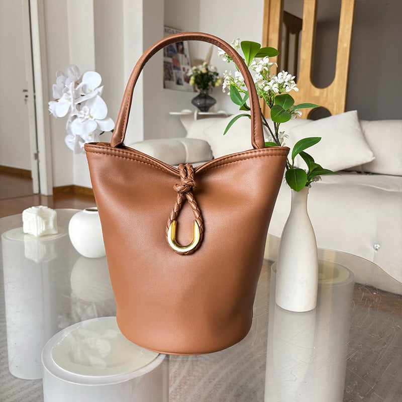Genuine Cowhide Handwoven Bucket Bag with U-Buckle, New Vintage Shoulder Crossbody Top Handle Purse, Premium Handwoven Handbag for Ladies