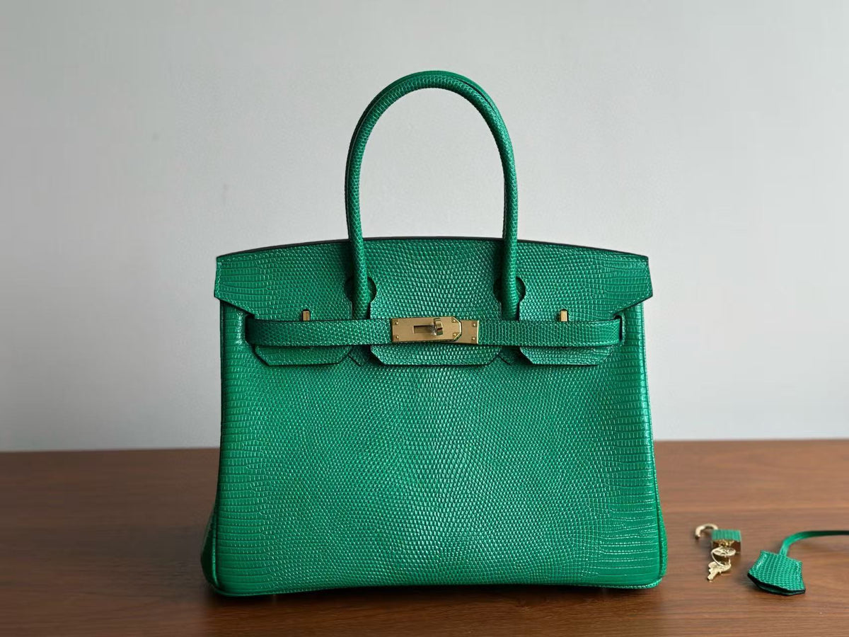 Genuine Top Layer Cowhide Lizard-Embossed Birkin 30cm Bag for Women, Hermès-Style Lock Clasp Top Handle Purse, Premium Leather Handbag for Ladies