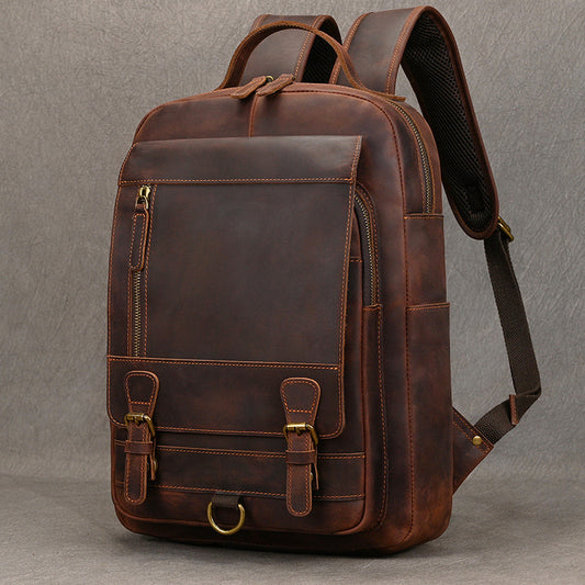 Handmade Vintage Crazy Horse Leather Flap Backpack, 15-Inch Travel Daypack, Premium Top Layer Cowhide School Bag for Men and Women