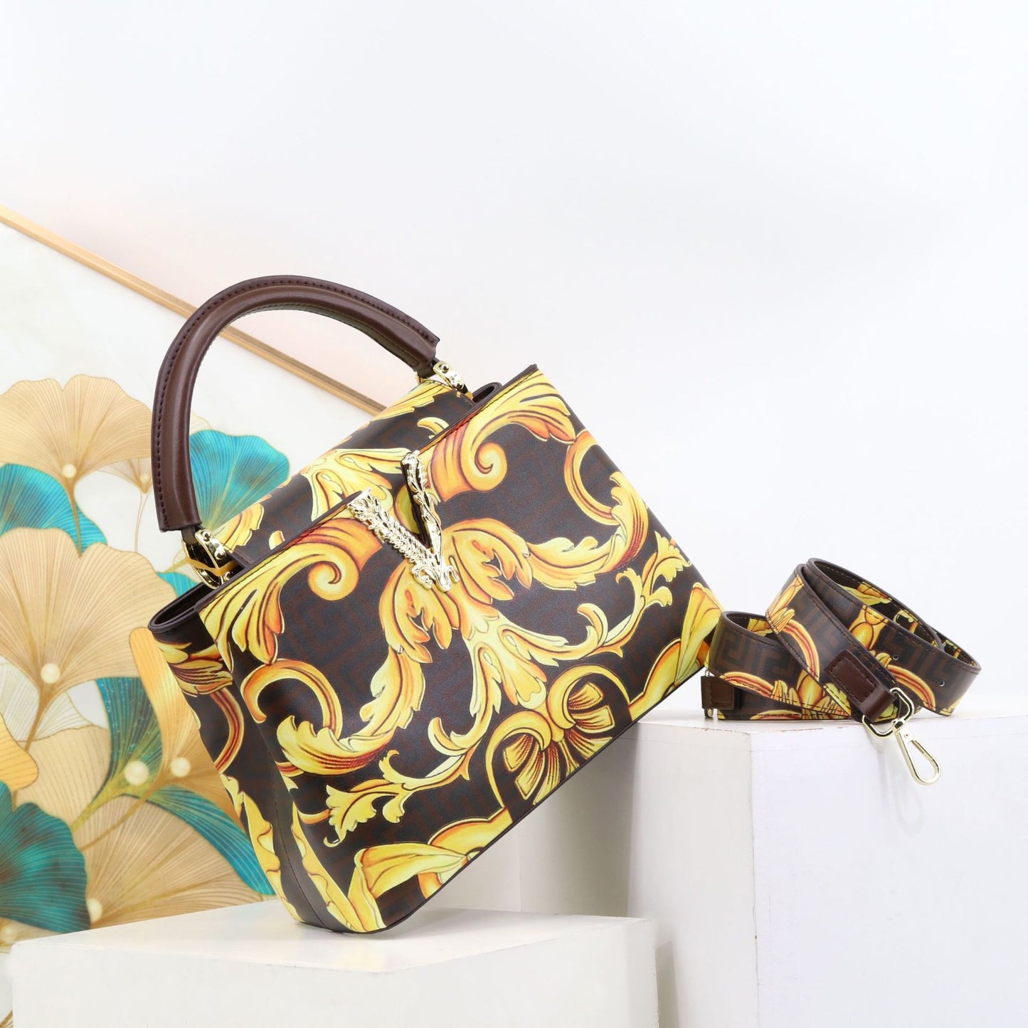 Genuine Leather Fashionable Printed Handbag, Top Handle Crossbody Purse for Ladies