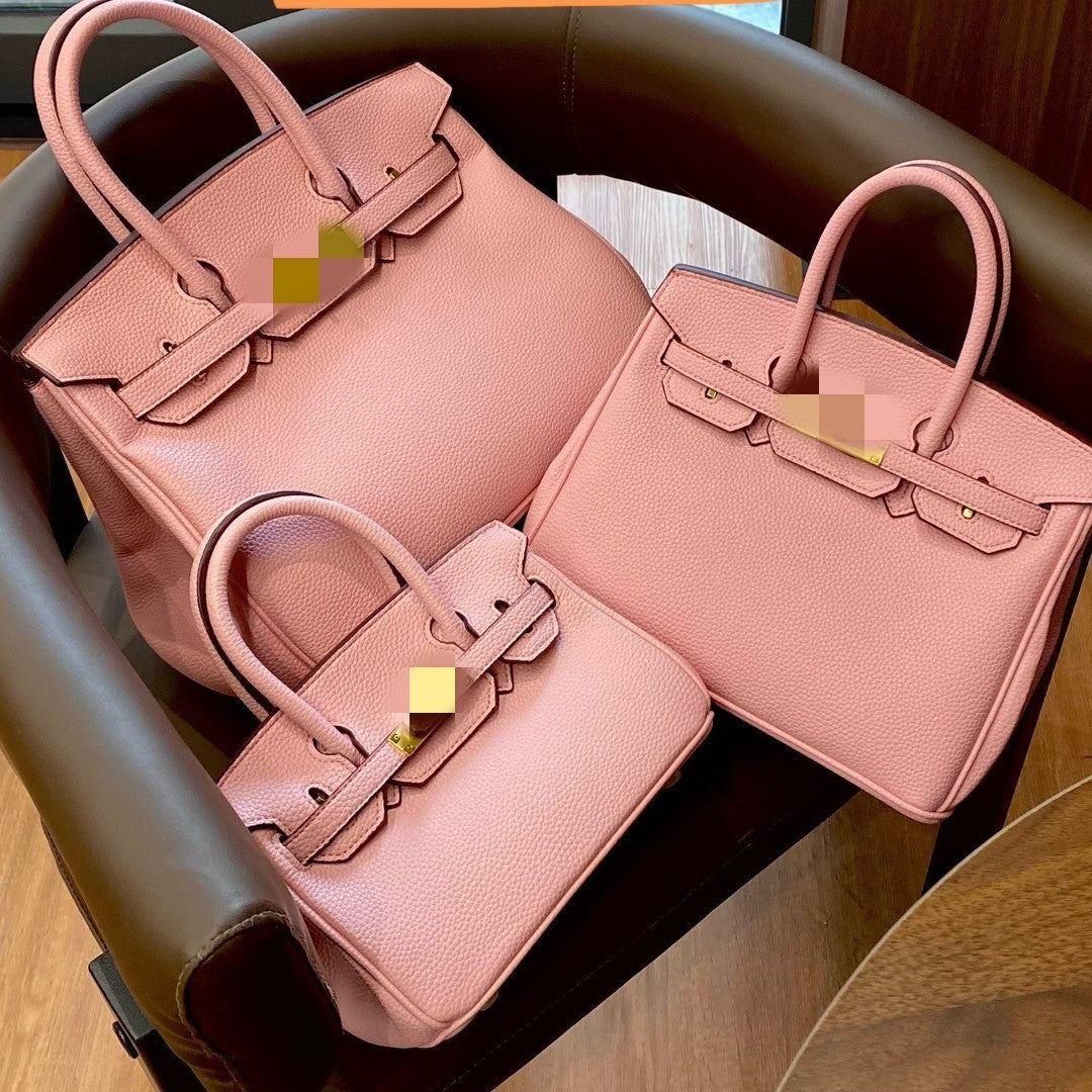 Genuine Pebbled Leather Birkin-Style Gold Hardware Large Capacity Handbag for Women, European Fashion Top Handle Purse, Trendy Casual Tote Bag for Ladies
