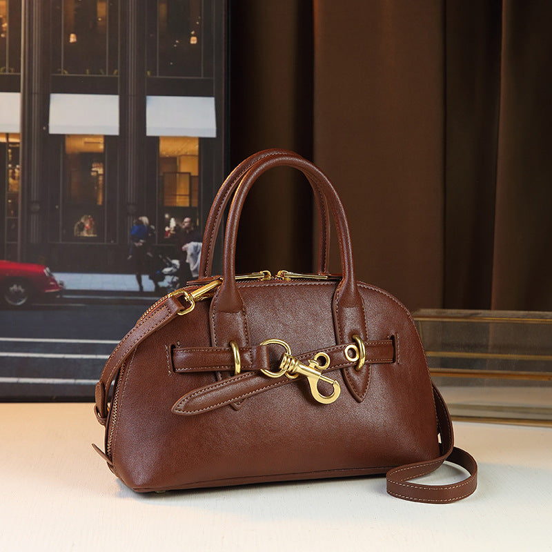 Top Layer Cowhide Shell Bowling Tote Bag for Women Vintage Underarm Shoulder Crossbody Handbag, Genuine Leather Purse with Classic Silhouette