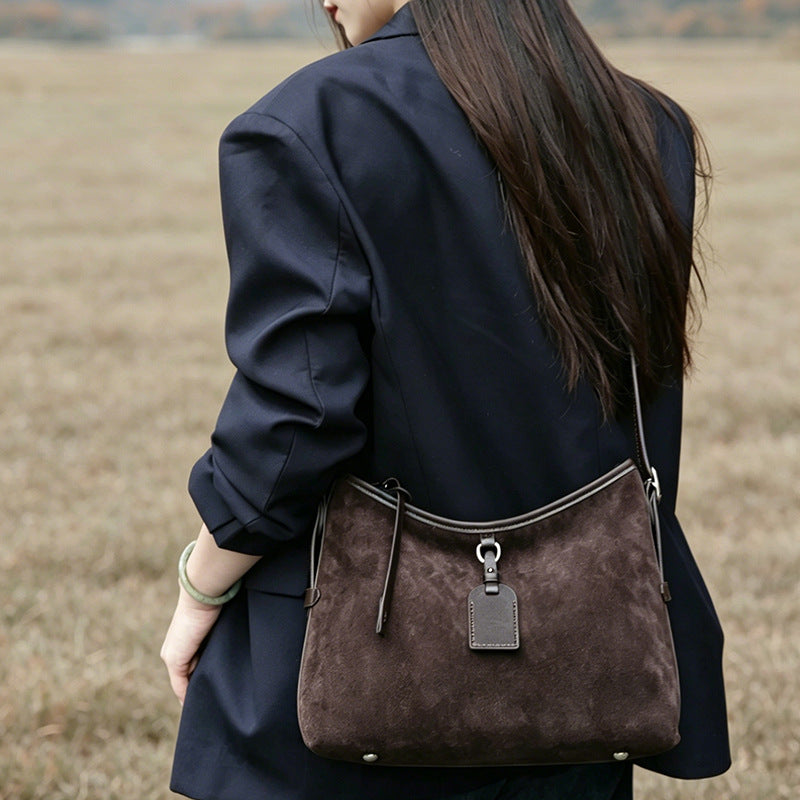 Genuine Leather Suede Tote Bag for Women Vintage Large Capacity Shoulder Handbag, Trendy Elegant Purse with Soft Luxurious Texture