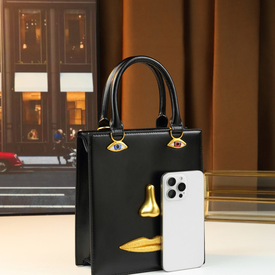 Artistic Face Sculpture Bag for Women 3D Metal Facial Features Top Handle Shoulder Crossbody Purse, Vintage Premium Handbag with Unique Sculptural Design