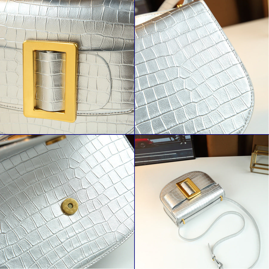 Chic Vintage Croc-Effect Saddle Bag for Women, A Light Luxury Square Buckle Embossed Shoulder Crossbody Handbag with Textured Premium Design