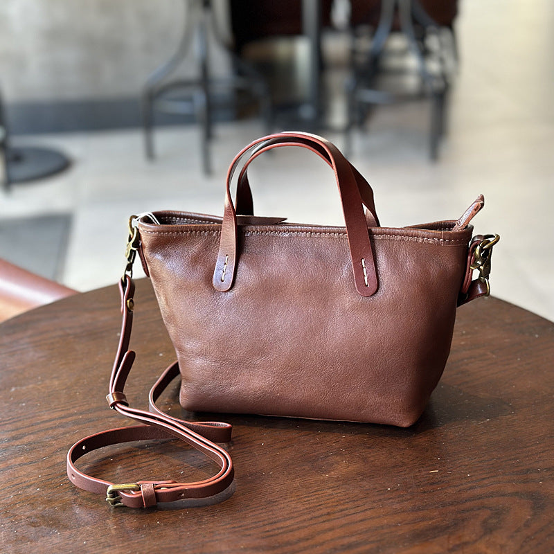 Vegetable-Tanned Leather Mini Phone Crossbody Bag, Color Block Top Handle Shoulder Purse, Versatile Handbag for Women