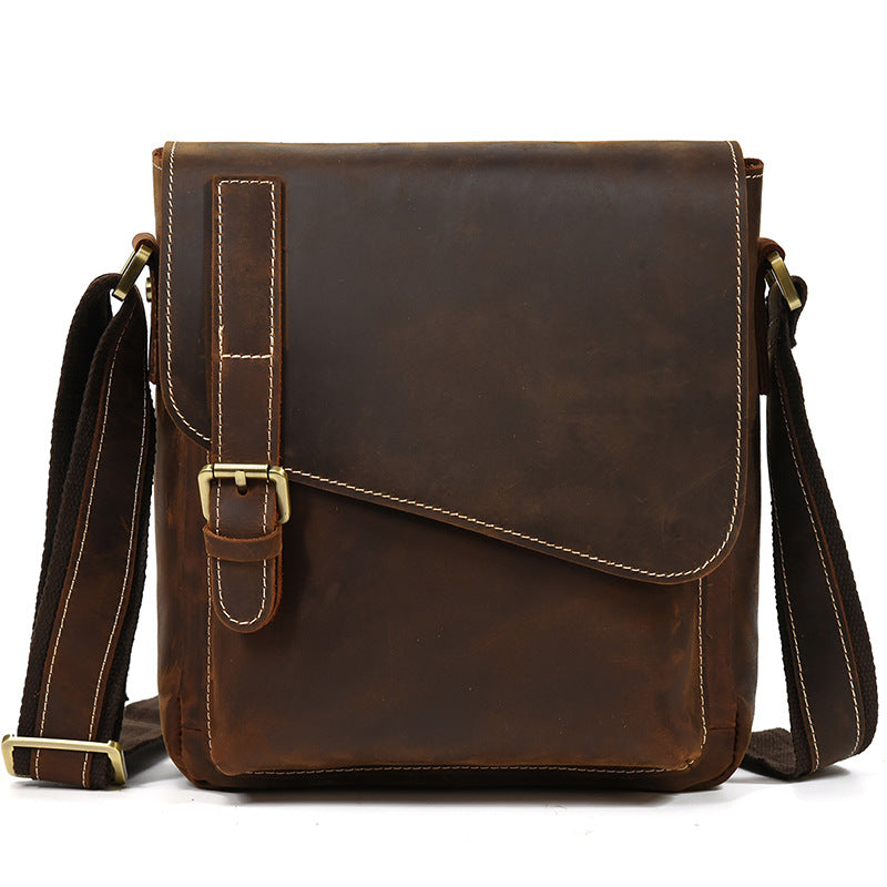 Genuine Top Layer Crazy Horse Cowhide Shoulder Bag for Men, Flap Crossbody Pouch, Casual Outdoor Travel Bag for Gentlemen