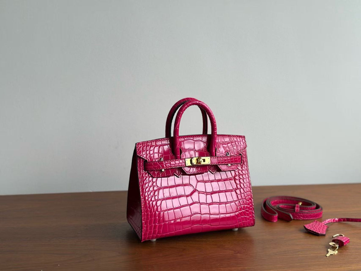 Genuine Top Layer Cowhide Matte Crocodile-Embossed Mini Birkin-Style Bag for Women, Semi-Handmade External Stitching Top Handle Purse, New Premium Handbag for Ladies