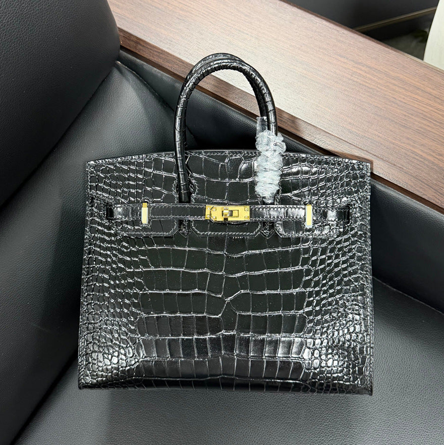 Genuine Top Layer Cowhide Crocodile-Embossed Birkin-Style 30 Bag for Women, External Stitching Hand-Stitched Waxed Thread with Steel Hardware, Burnished Edge Finish Handbag for Ladies