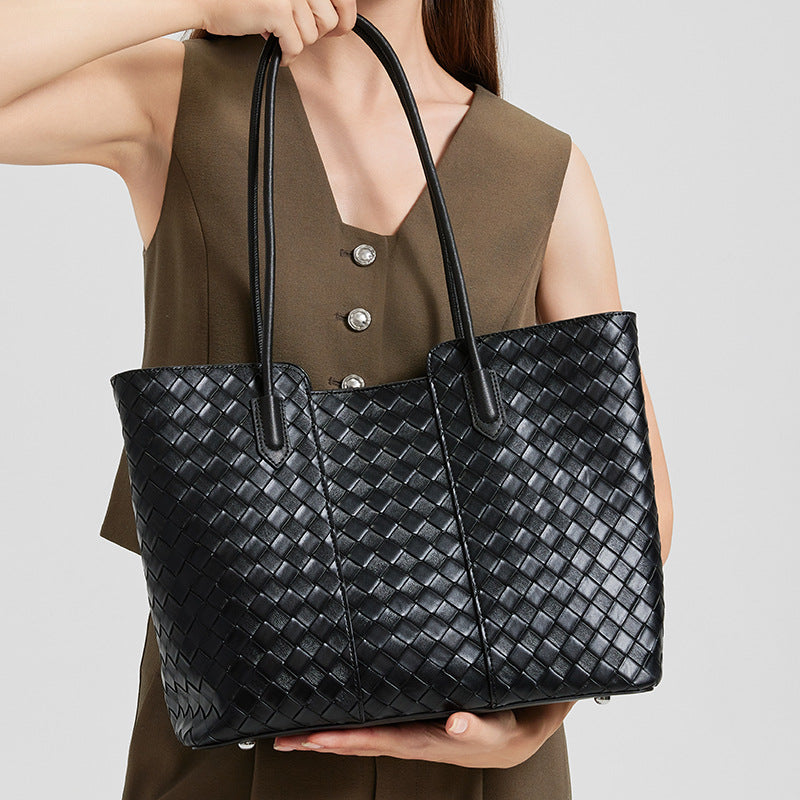 Split Cowhide Handwoven Tote Bag for Women Large Capacity Commuter Shoulder Handbag, Trendy Versatile Purse with Artisan Texture