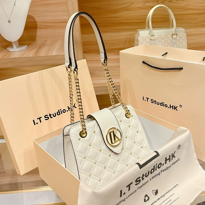 Genuine Leather Quilted Chain Bag for Women, New Trendy Versatile Shoulder Underarm Small Purse, Casual Minimalist Handbag for Ladies