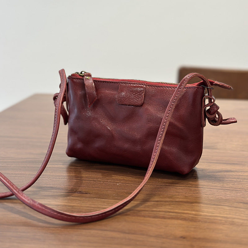 New Vintage Niche Genuine Leather Mini Phone Crossbody Bag, Textured Shoulder Purse, Versatile Commute Handbag for Women