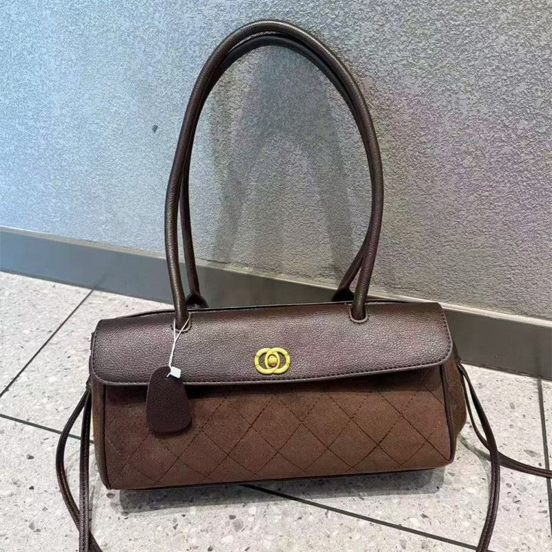 Genuine Leather Chanel-Style Baguette Bowling Bag for Women Light Luxury Shoulder Underarm Handbag, Versatile Commuter Purse with Elegant Design