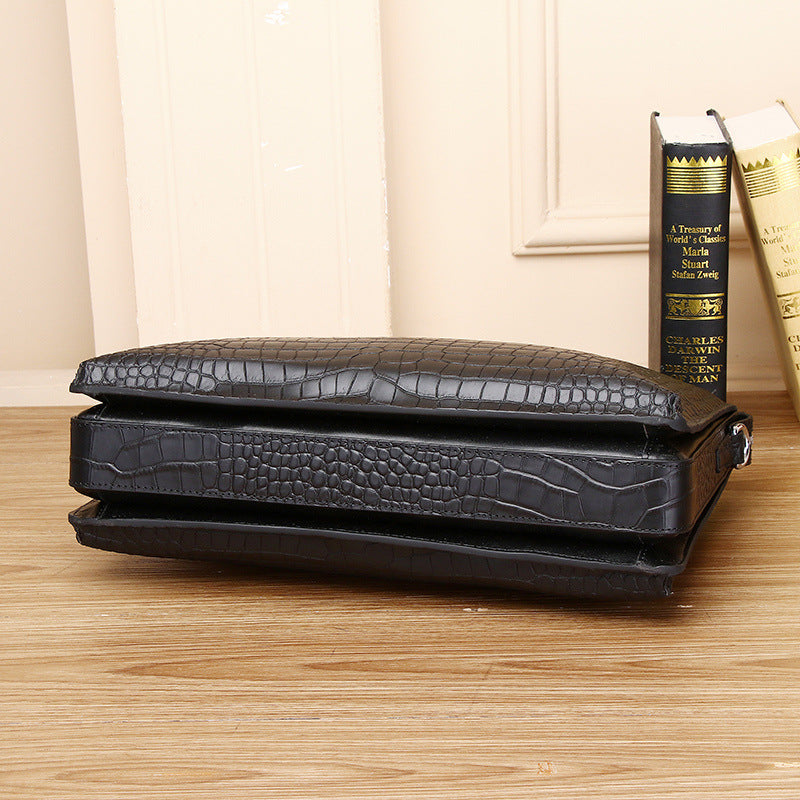 Genuine Leather Men's Laptop Crossbody Bag Large Capacity Multi-Compartment Business Handbag with Matte Crocodile Texture