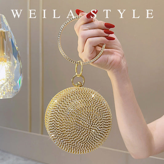 New Rhinestone Spherical Evening Clutch for Women, Gold/Silver Crystal-Studded Round Purse, Sparkly Party Bag for Prom & Nightclub