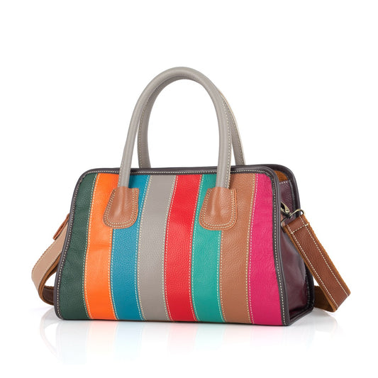 Genuine Cowhide Colorful Stripe Color Block Bag for Women, New Shoulder Crossbody Top Handle Purse, Trendy Handbag for Ladies