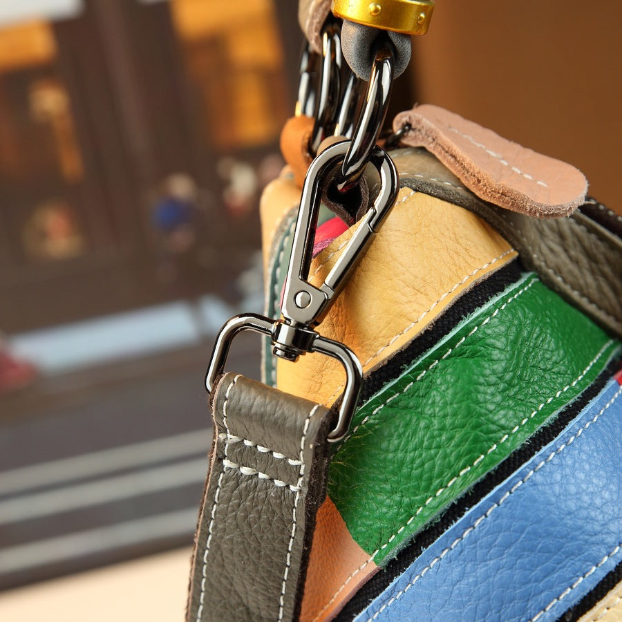 Genuine Leather Rainbow Geometric Print Tote Bag for Women Casual Patchwork Shoulder Handbag, Trendy Colorful Design with Versatile Style