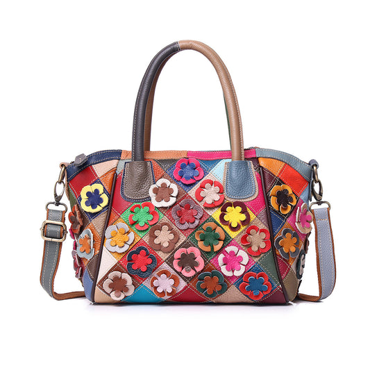 Genuine Leather European Casual Ethnic Vintage Handbag for Women, Handmade Colorful Floral Shoulder Crossbody Top Handle Purse, Boho Designer Bag for Ladies