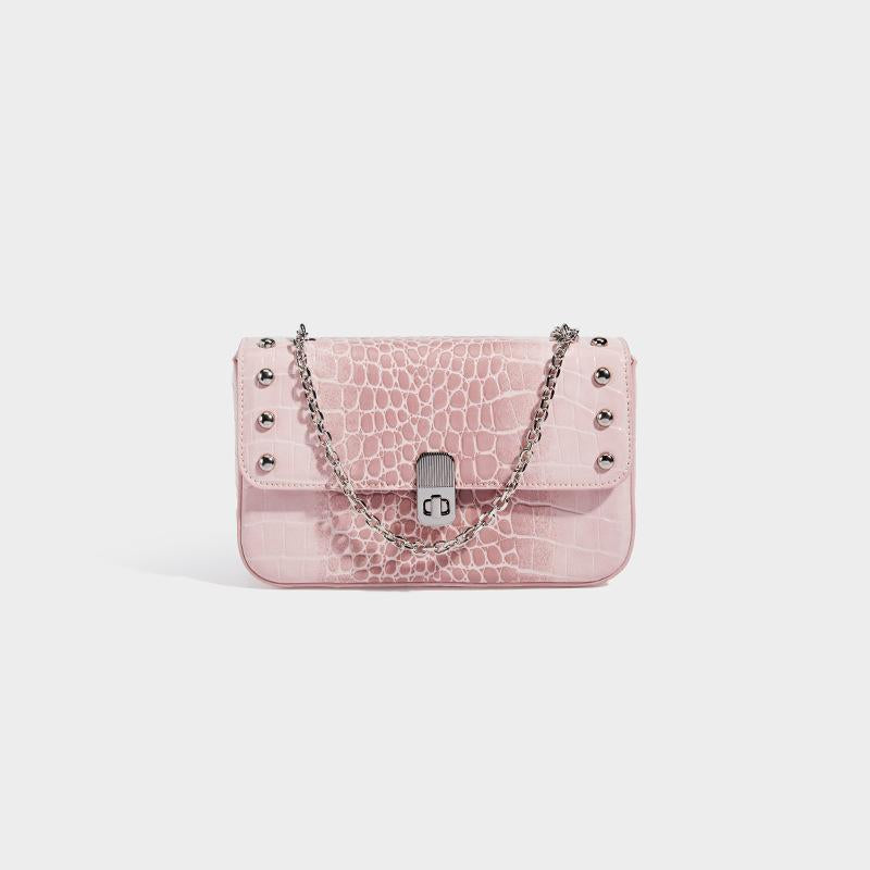 New Arrival Croc-Effect Studded Flap Biker Bag for Women, A Small Chain Crossbody Shoulder Handbag with Fashionable Design