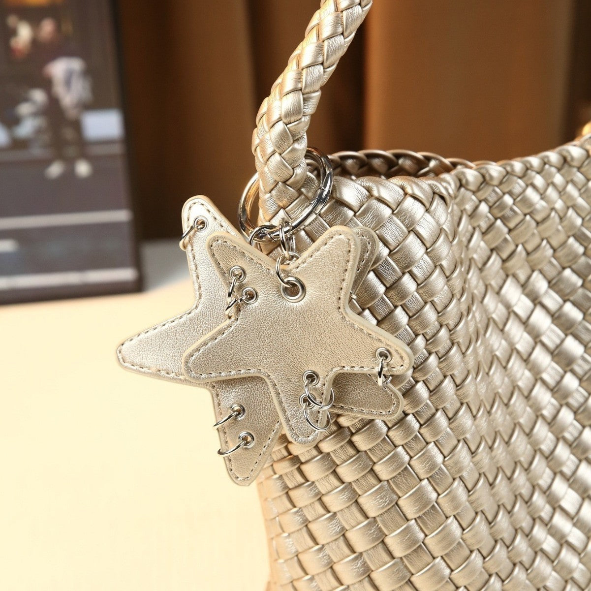 Star Charm Woven Tote Bag Set for Women Casual Shoulder Handbag with Detachable Sub-Bag, Versatile Purse with Playful Star Accent