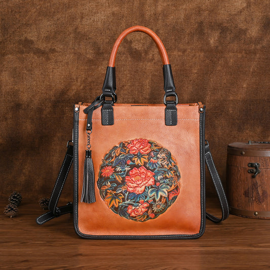 Genuine Top Layer Cowhide Chinese Classical Handbag for Women, Vintage Retro Small Square Crossbody Shoulder Top Handle Purse, Trendy Oriental Style Bag for Ladies