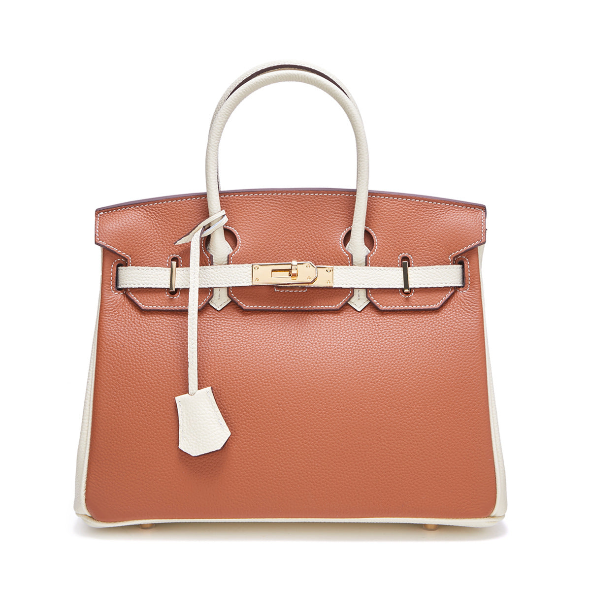 Genuine Leather Two-Tone Tote Shoulder Crossbody Bag, Large Lychee Grain Platinum-Style Contrast Color Handbag, Top-Layer Cowhide Purse for Women