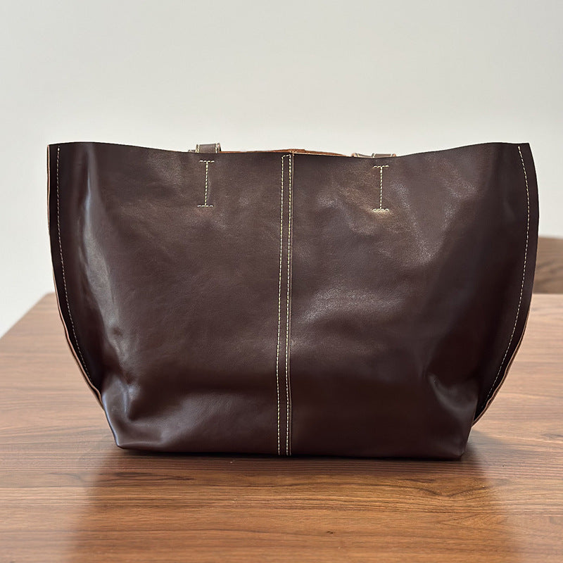 Genuine Top Layer Cowhide Tote Bag for Women, New Vintage Large Capacity Shoulder Top Handle Handbag, Minimalist Everyday Purse for Ladies