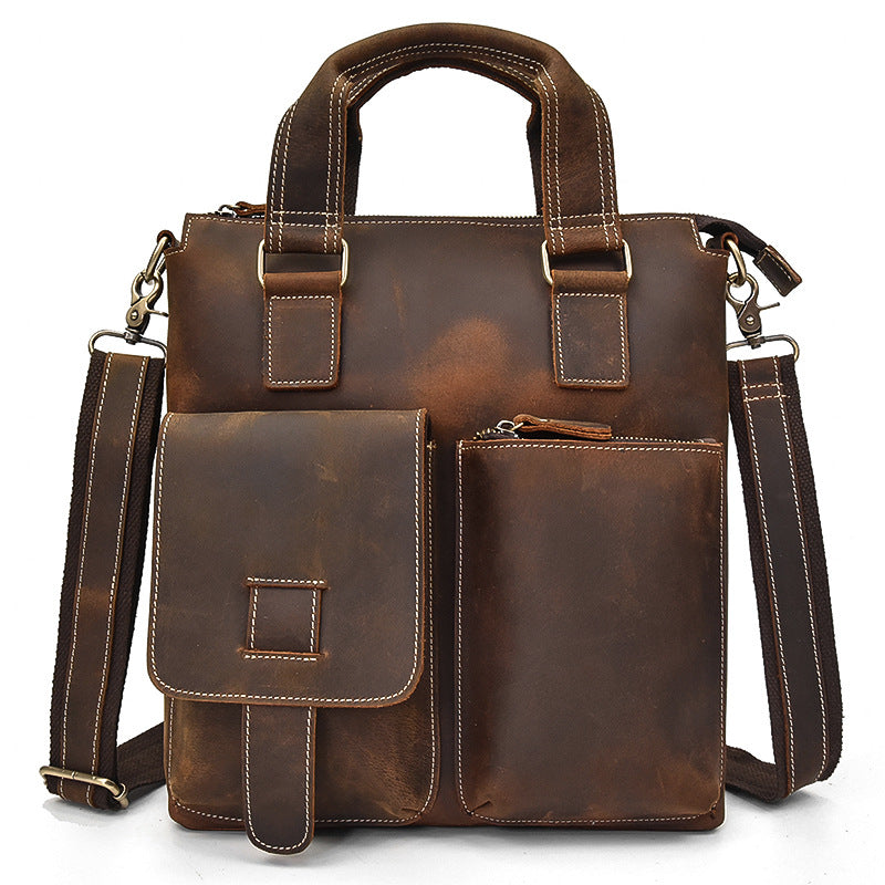 Vertical Crazy Horse Leather A4 Briefcase, Casual Business Crossbody Shoulder Bag, Premium Top Handle Work Bag 9435 for Men