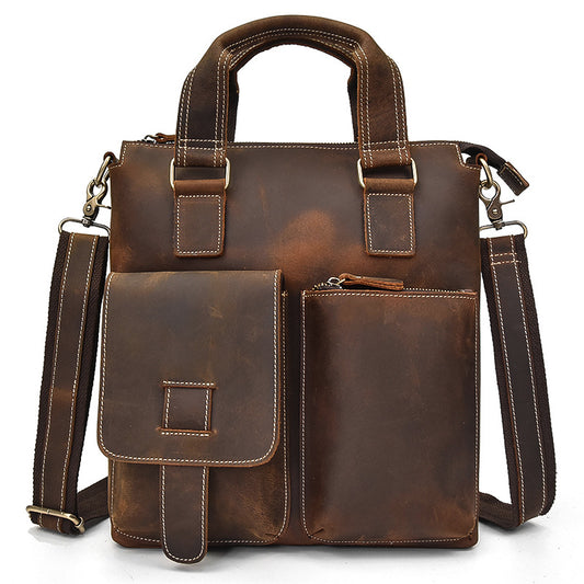 Vertical Crazy Horse Leather A4 Briefcase, Casual Business Crossbody Shoulder Bag, Premium Top Handle Work Bag 9435 for Men