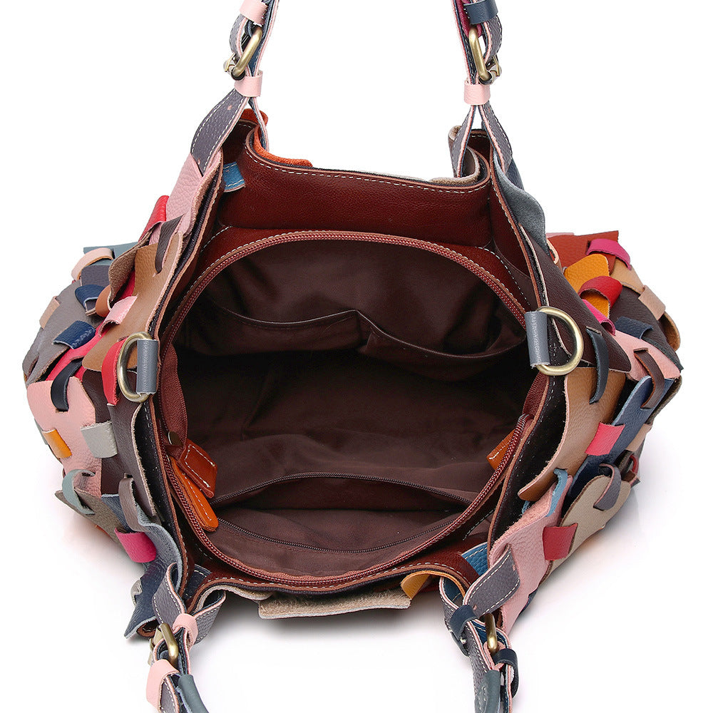Premium Genuine Cowhide Leather Colorful Woven Basket Bag for Women | Ethnic Style Top-Handle Shoulder Cross-Body Handbag with Artistic Craftsmanship | Spacious Beach Tote for Travel, Shopping & Casual Outings | Trendy Statement Accessory with Bohemi