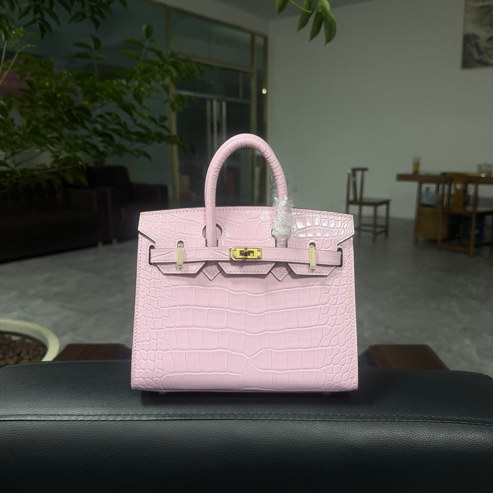 Genuine Top Layer Cowhide Crocodile-Embossed Birkin-Style 25 Bag for Women, External Stitching Hand-Stitched Waxed Thread with Steel Hardware, Lambskin Lining Handbag for Ladies