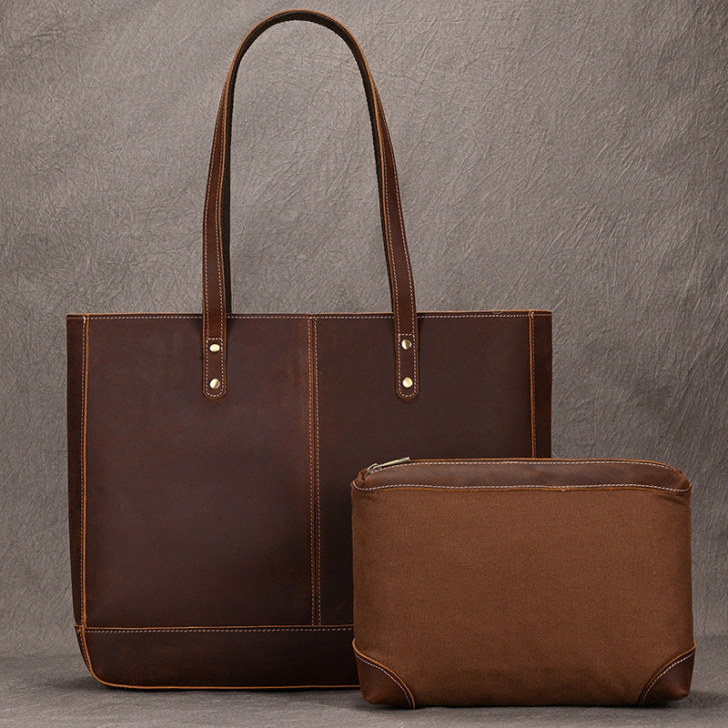 Genuine Crazy Horse Cowhide Tote Bag for Men and Women, Large Capacity Vintage Commute Shoulder Crossbody Top Handle Handbag, Versatile Unisex Purse for Ladies and Gentlemen