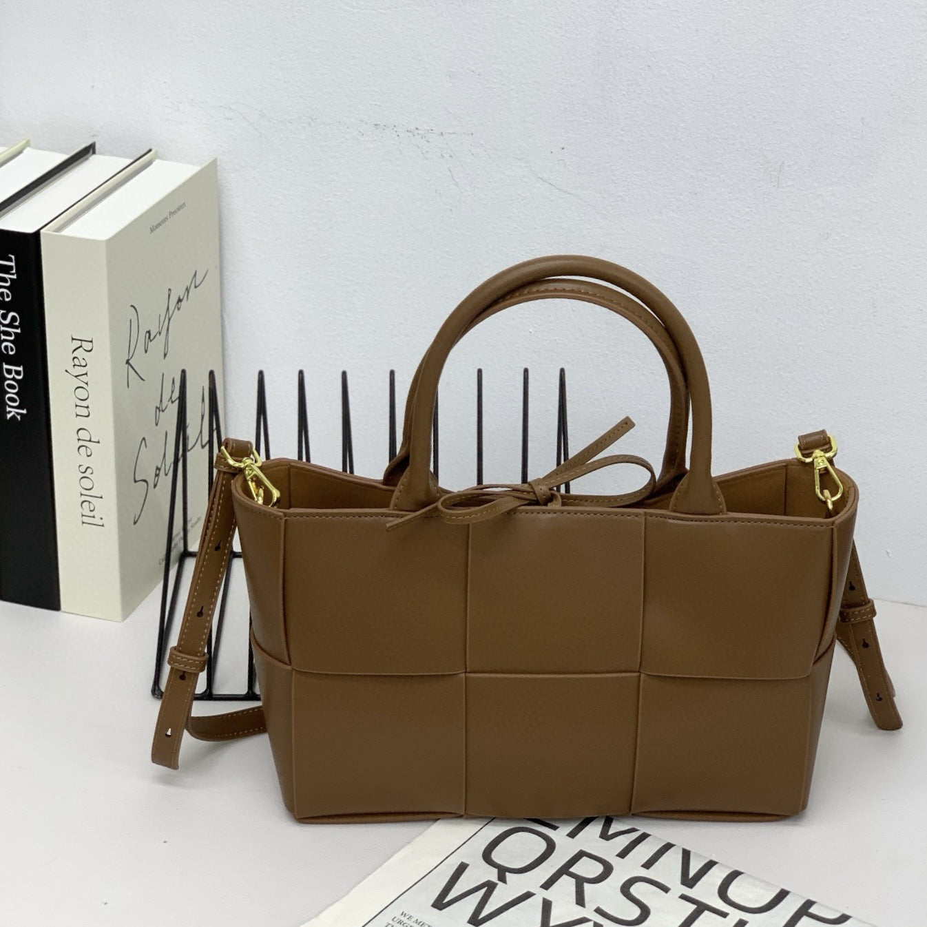28CM Genuine Leather Woven Tote Bag for Women, Cowhide Handbag with Top Handles, Versatile Shoulder Crossbody Purse for Work Commute