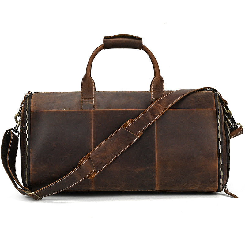 Multifunctional Crazy Horse Leather Travel Duffle, Foldable Suit Garment Bag with Wet-Dry Separation, Premium Gym Weekender for Men