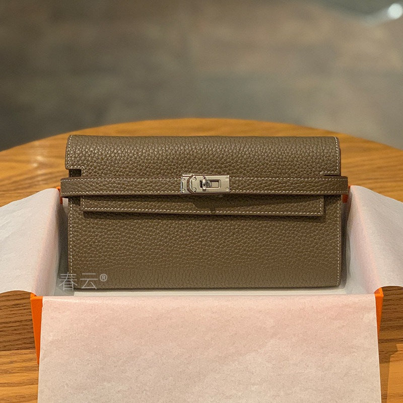 Genuine Togo Leather Long Wallet Clutch for Women, Hermès-Inspired Kelly-Style Money Holder, Premium Epsom Leather Phone Bag for Ladies