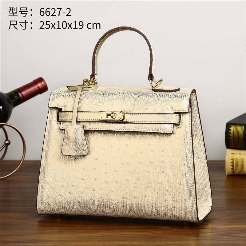 Genuine Gold Ostrich Leather Kelly Bag for Women Large Capacity Shoulder Crossbody Handbag, Versatile Purse with Luxurious Textured Finish