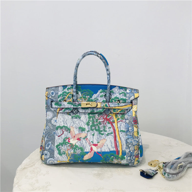 Genuine Leather Graffiti Print Birkin-Style Handbag for Women, New Casual Top Handle Shoulder Crossbody Purse, European Classic Trendy Tote Bag for Ladies