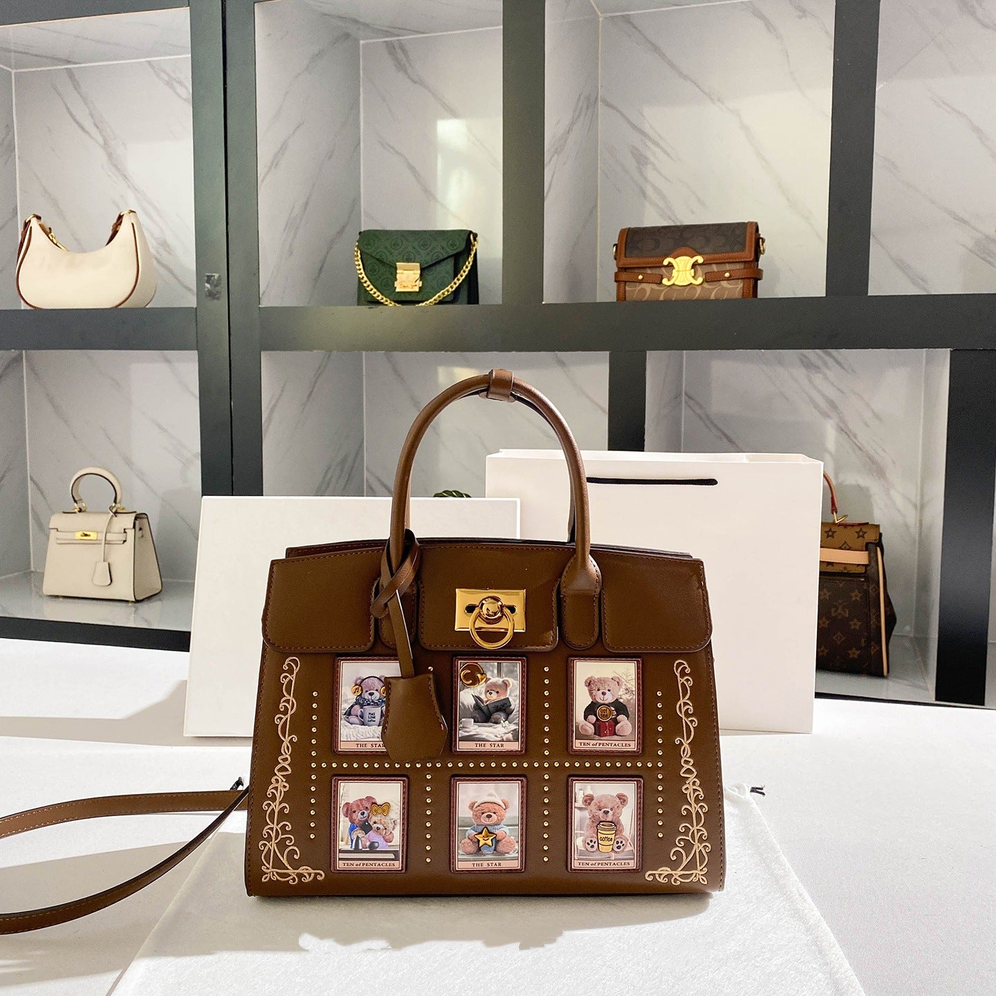New Arrival Vintage Embroidered Birkin-Inspired Tote Bag for Women, Premium Large Capacity Top-Handle Shoulder Handbag with Exquisite Print Detail, Fashionable Everyday Purse