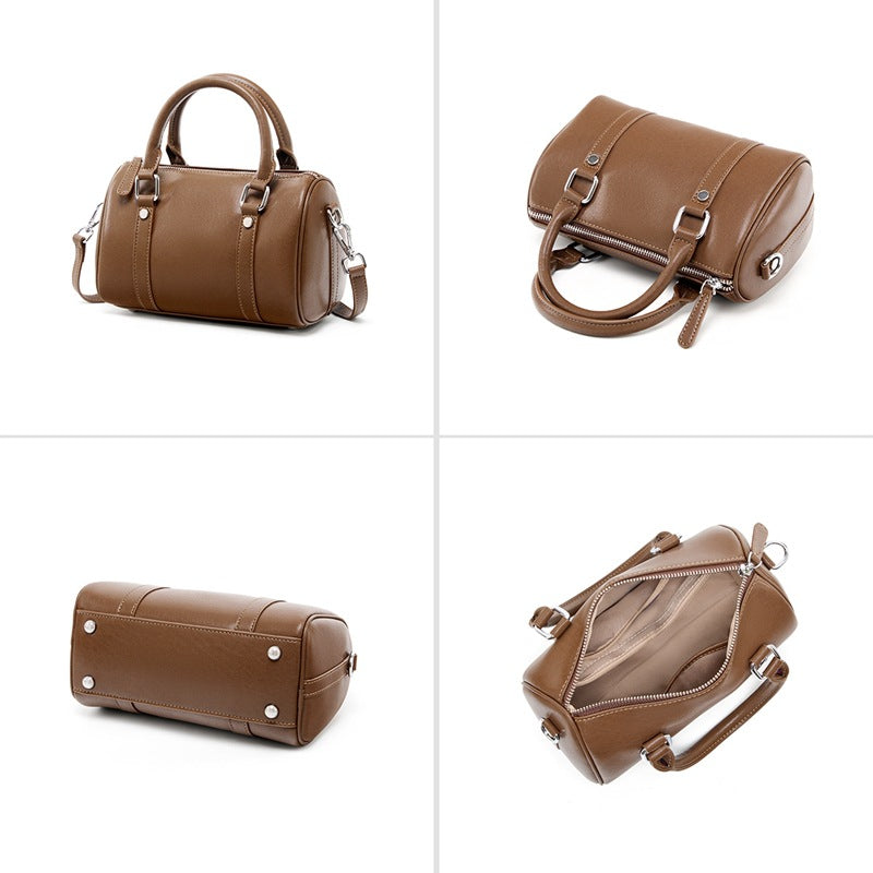 Genuine Top Layer Vegetable-Tanned Cowhide Boston Pillow Bag for Women, Large Capacity Commute Shoulder Crossbody Small Purse, Casual Everyday Leather Handbag for Ladies