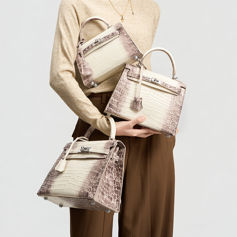 New Arrival Kelly-Inspired Croc-Effect Genuine Leather Bag for Women, A Premium Top-Layer Cowhide Crossbody Shoulder Top-Handle Handbag, Perfect Gift Choice