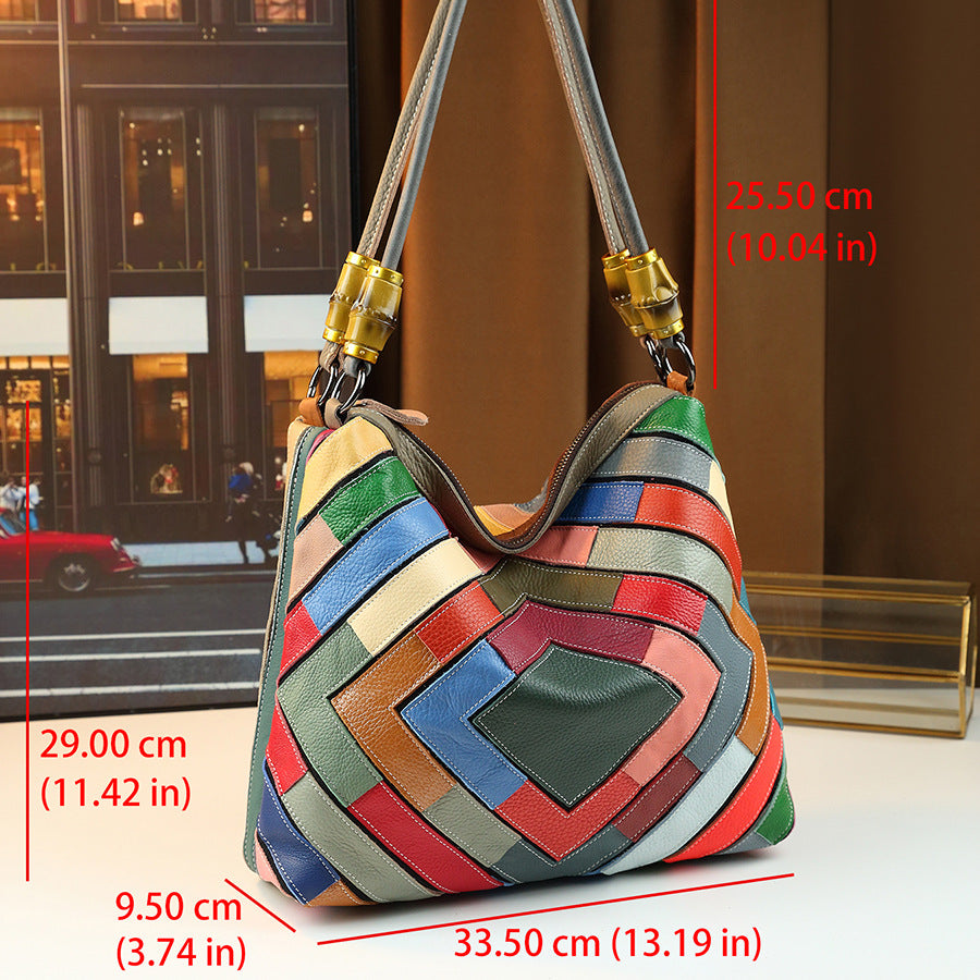 Genuine Leather Rainbow Geometric Print Tote Bag for Women Casual Patchwork Shoulder Handbag, Trendy Colorful Design with Versatile Style