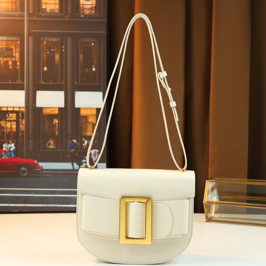 Chic Vintage Croc-Effect Saddle Bag for Women, A Light Luxury Square Buckle Embossed Shoulder Crossbody Handbag with Textured Premium Design