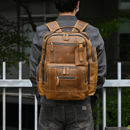 15-Inch Vintage Crazy Horse Leather Backpack, Large Capacity Student Travel Daypack, Durable Genuine Leather School Bag for Men